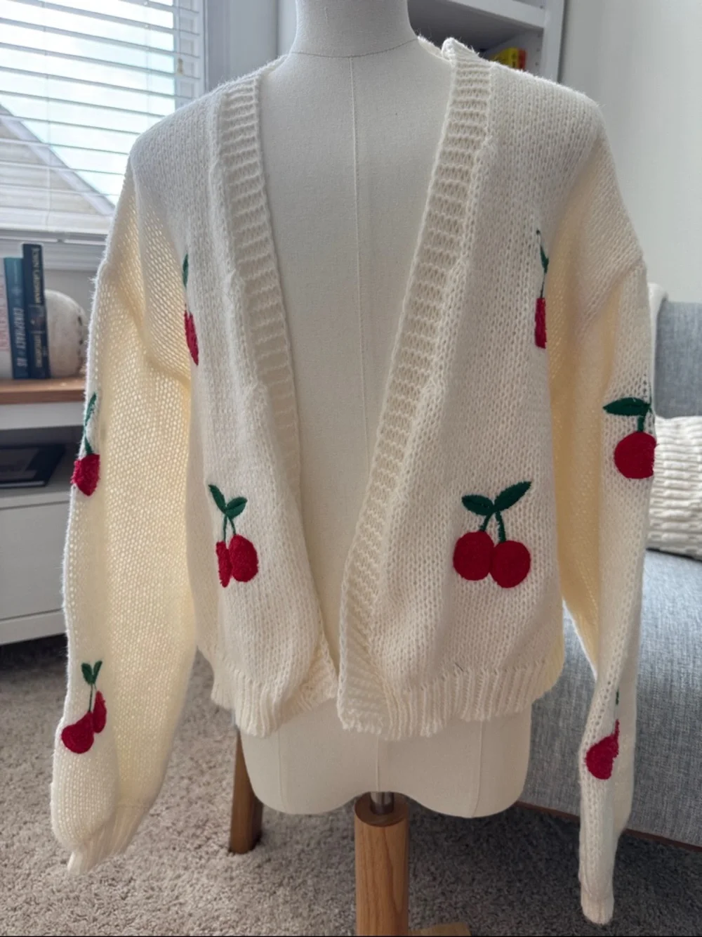 Cream Cherry Knit Cardigan Sweater - Picture 3 of 5